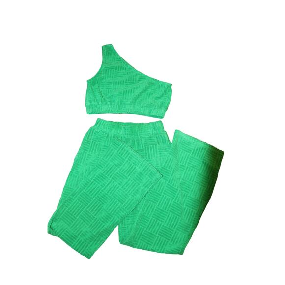 Pretty Garbage Green Textured One Shoulder Crop Top & Wide Leg Set Women’s S/M - Picture 4 of 6